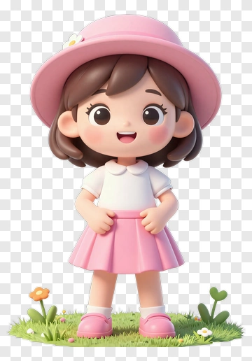 Cartoon Girl In Pink Dress With Flowers PNG