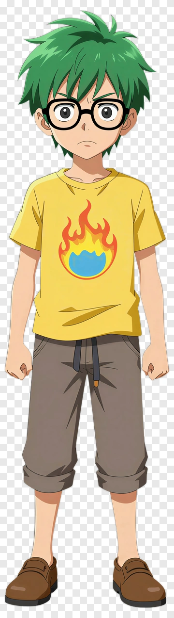 Cartoon Boy With Green Hair And Flame Shirt PNG