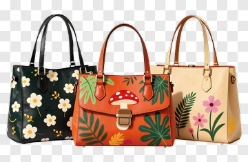 Colorful Handbags With Floral And Mushroom Designs PNG