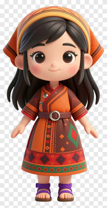 Cartoon Girl In Traditional Orange Dress PNG