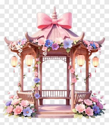 Colorful Garden Pavilion With Flowers And Lanterns PNG