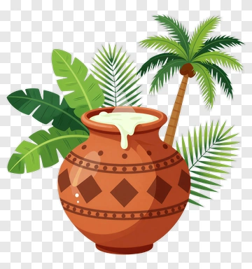 Clay Pot With Coconut Milk And Tropical Leaves PNG