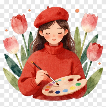 Artist With Palette Surrounded By Tulips PNG