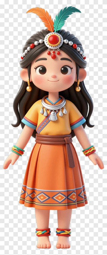 3D Girl In Traditional Dress With Feathered Headband PNG