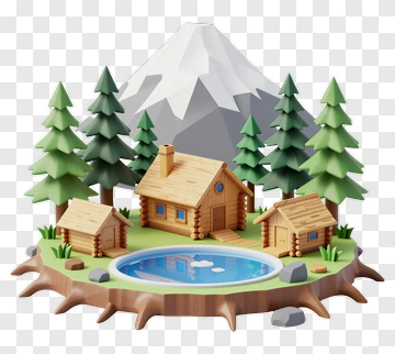 3D Mountain Cabin Scene With Trees And Pond PNG