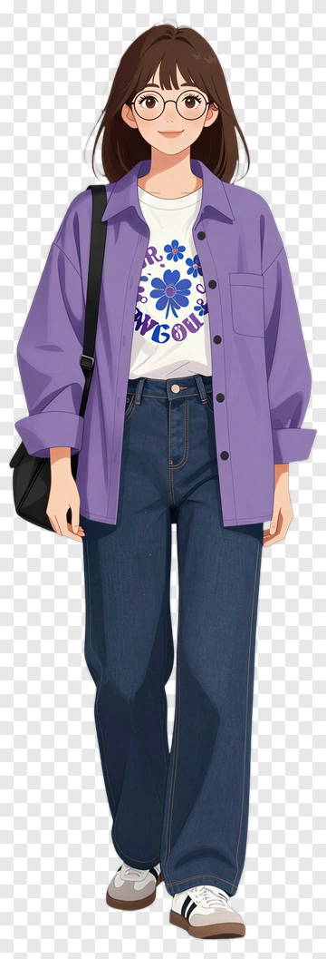 Casual Young Woman In Purple Shirt And Jeans PNG