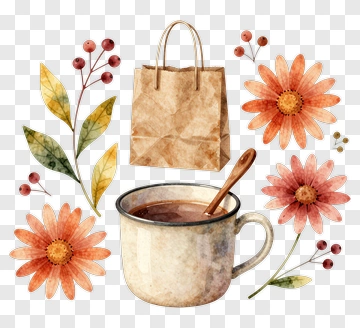 Watercolor Coffee Cup With Flowers And Paper Bag PNG