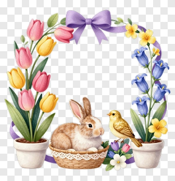Easter Bunny Surrounded By Flowers And A Bird PNG