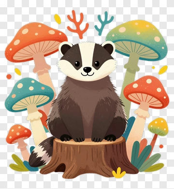 Cartoon Badger Sitting Among Colorful Mushrooms PNG