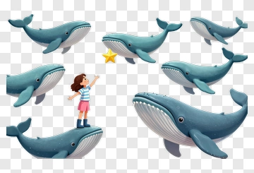Girl Interacting With Cartoon Whales PNG