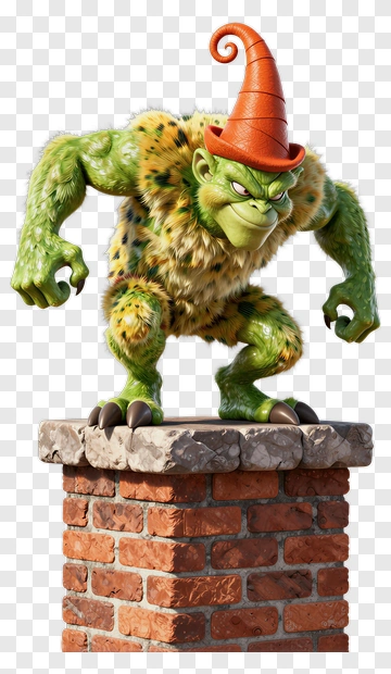 3D Green Monster With Orange Hat On Chimney PNG