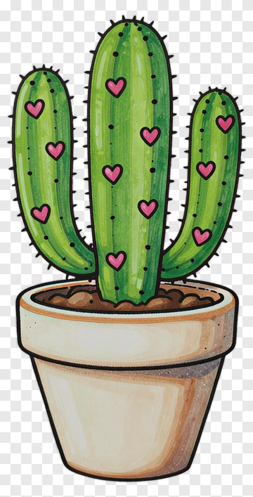 Cartoon Cactus In A Pot With Hearts PNG