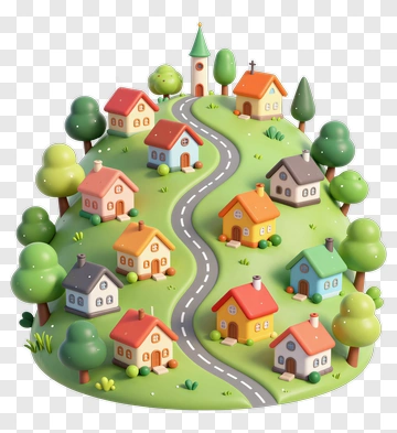 Colorful 3D Village On A Hill PNG