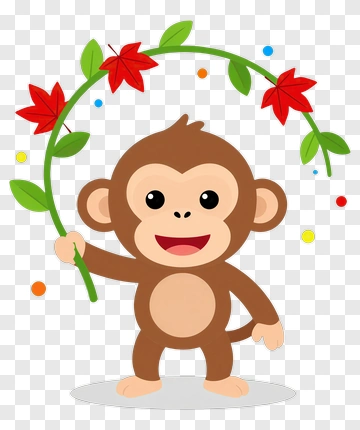 Cartoon Monkey Holding A Branch With Leaves And Flowers PNG