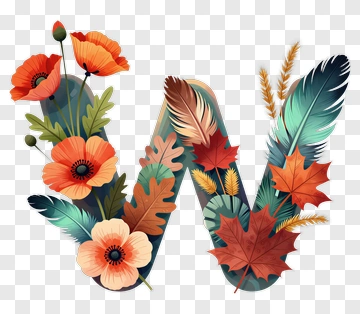 Floral Letter W With Autumn Leaves And Flowers PNG