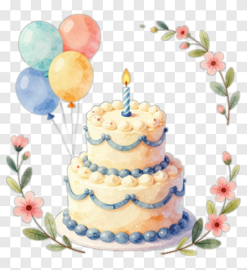 Watercolor Birthday Cake With Balloons PNG