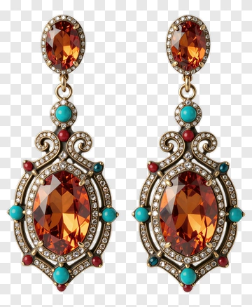 Ornate Earrings With Colorful Gemstones PNG