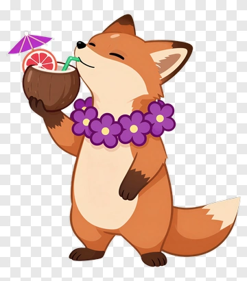 Cartoon Fox Enjoying A Tropical Drink PNG