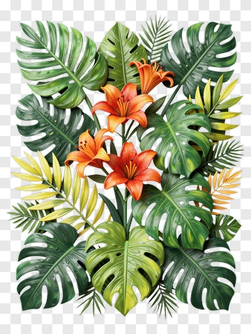 Tropical Floral Arrangement With Monstera Leaves And Lilies PNG