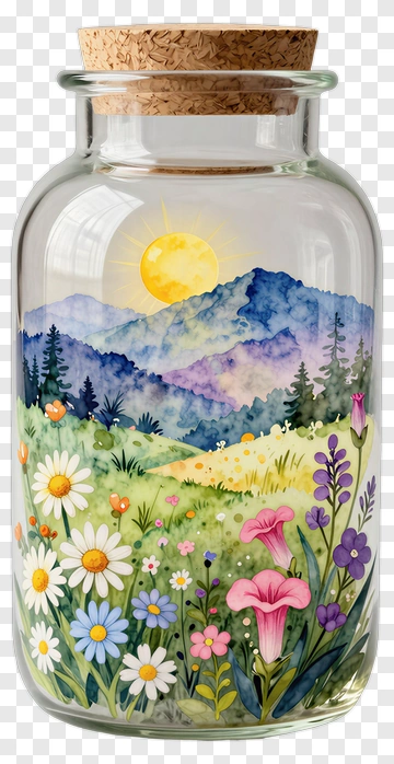 Glass Jar With Watercolor Mountain Landscape And Flowers PNG