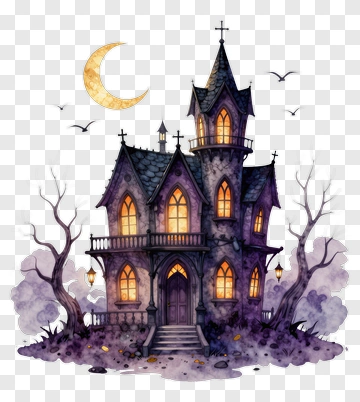Haunted House With Moon And Bats PNG