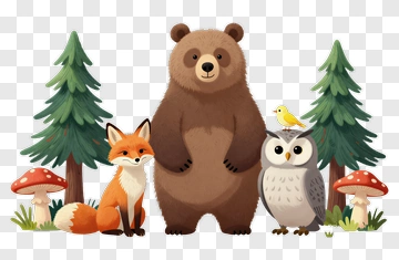 Cartoon Forest Animals With Bear, Fox, And Owl PNG