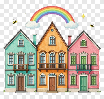 Colorful Row Of Houses Under A Rainbow PNG