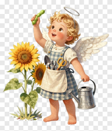 Angel Child Holding Gardening Tool Next To Sunflower PNG