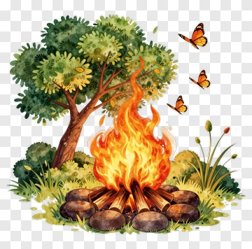 Campfire Surrounded By Trees And Butterflies PNG