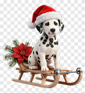 Dalmatian Puppy On A Sleigh With Christmas Decorations PNG