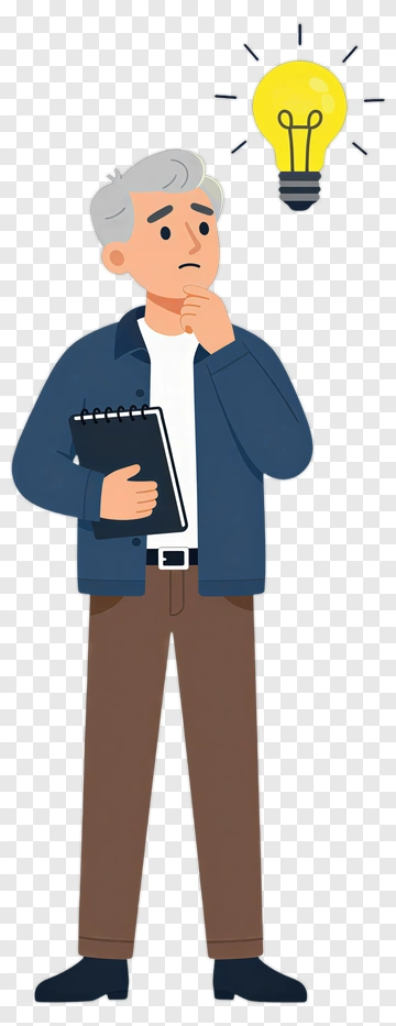 Thinking Man With Light Bulb And Notebook PNG