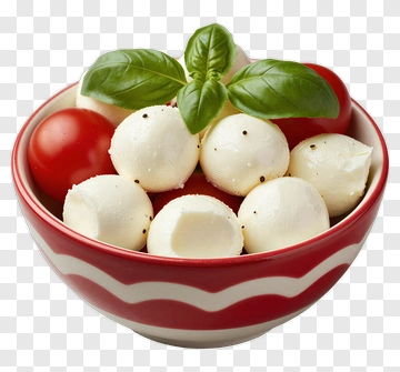 Bowl Of Mozzarella Balls With Cherry Tomatoes And Basil PNG
