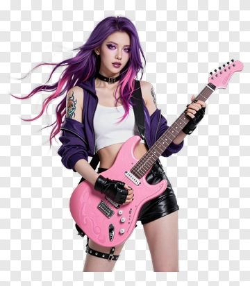 Woman Playing A Pink Electric Guitar PNG