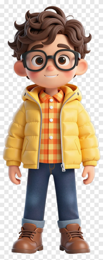 3D Boy In Yellow Jacket And Glasses PNG