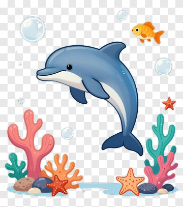 Cartoon Dolphin Swimming In A Colorful Coral Reef PNG