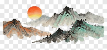Watercolor Mountains With Sunset PNG