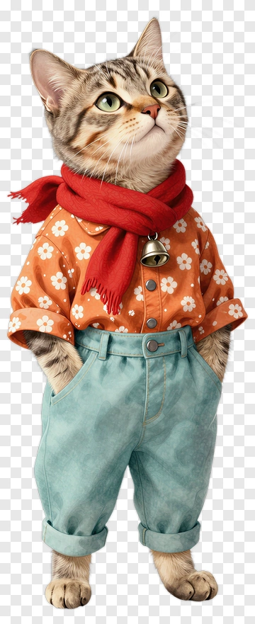Cat Wearing A Floral Shirt And Red Scarf PNG