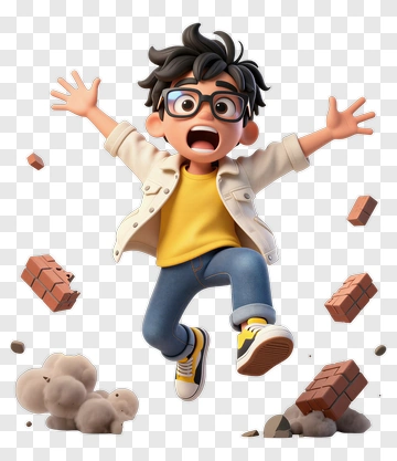 Cartoon Boy Jumping With Bricks Falling PNG