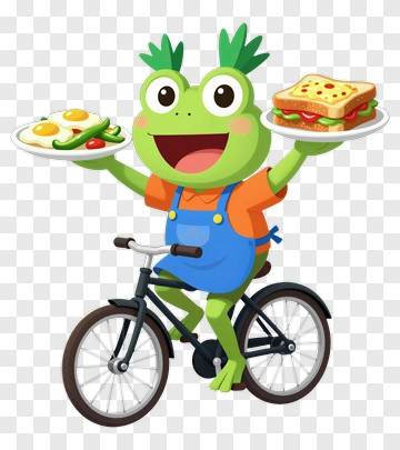 Cartoon Frog Riding A Bicycle With Food Plates PNG
