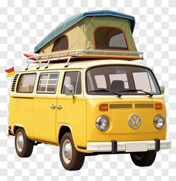 Yellow Volkswagen Van With Roof Tent PNG