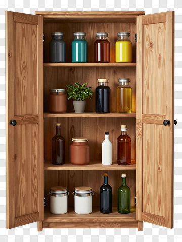 Wooden Cabinet With Colorful Glass Jars And A Plant PNG
