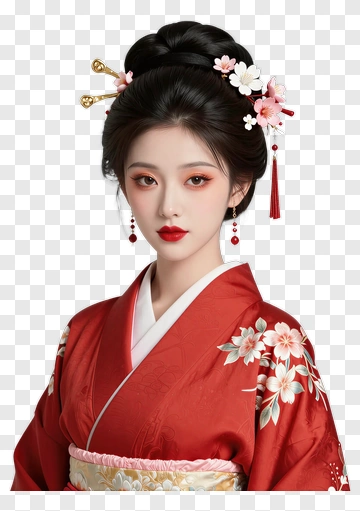 Traditional Japanese Woman In Red Kimono PNG