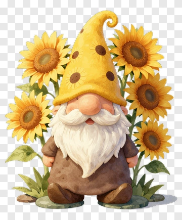 Cartoon Gnome Surrounded By Sunflowers PNG