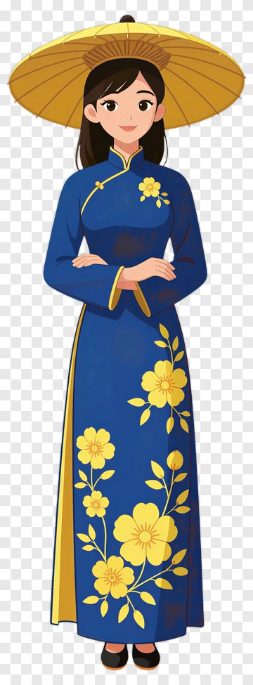 Cartoon Woman Wearing A Traditional Ao Dai With Flowers PNG