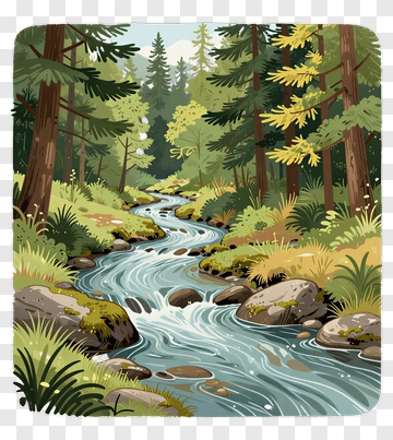Forest Stream With Rocks And Greenery PNG