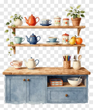 Colorful Kitchen Shelves With Teapots And Plants PNG
