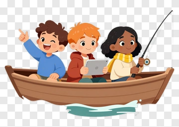 Happy Children Fishing In A Boat PNG
