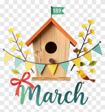 Birdhouse With March Banner And Decorative Elements PNG