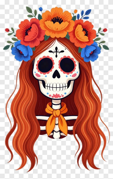 Colorful Sugar Skull With Floral Crown PNG