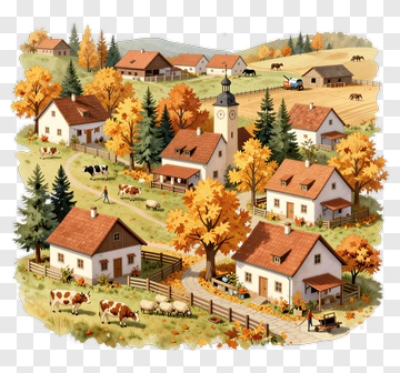 Autumn Countryside Village With Cows And Houses PNG